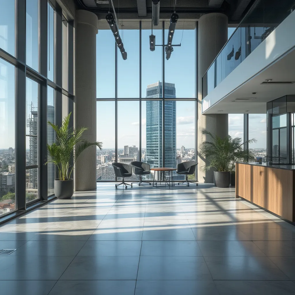 Oficina moderna de consultoría financiera en Buenos Aires con vista a la ciudad